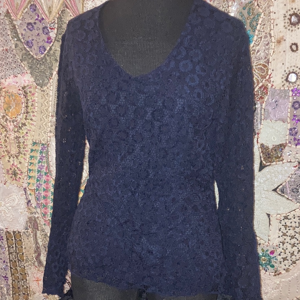 bill blass Navy Lace Long Sleeve Scoop Neck Top